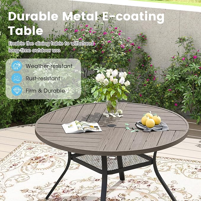 5 Pieces Patio Furniture Dining Set, 4 Textilene Swivel Dining Chairs, 41" Outdoor Round Metal Table with Storage Shelf and 1.57" Umbrella Hole, Outdoor Dining Set for Porch, Lawn, Grey/Sand