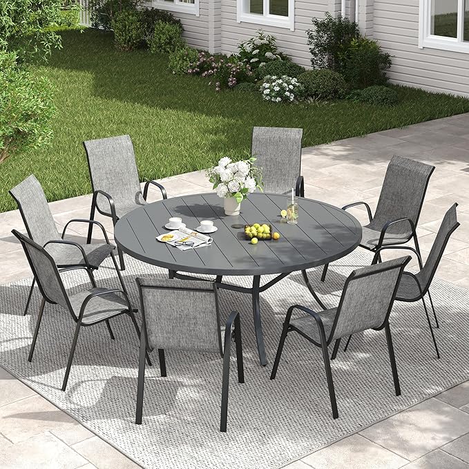 VICLLAX Outdoor Dining Set for 8, All Weather Metal 9 Pieces Patio Set-53 Round Outdoor Table and Stackable Chairs for Lawn Garden and Backyard, Grey Tabletop