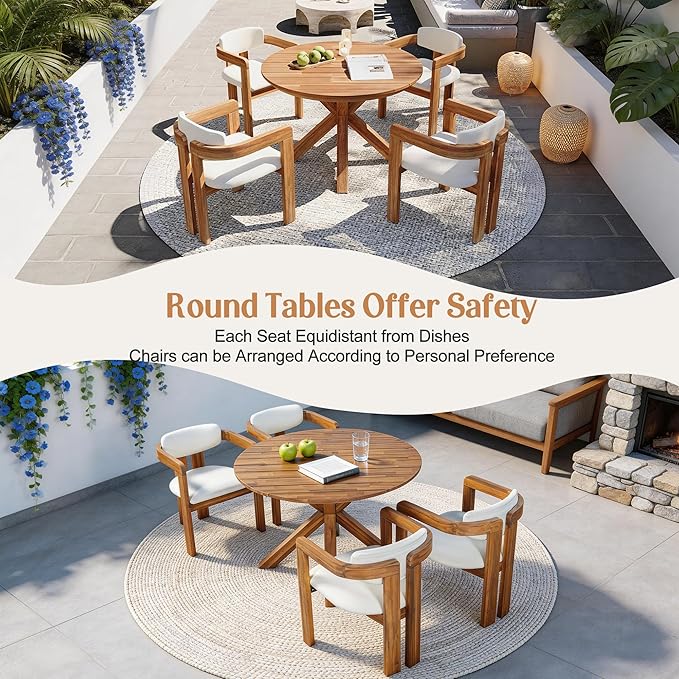 Christopher Knight Home Katy Modern 5 Piece Outdoor Dining Set, Round Dining Table Set for 4 with Chairs, Acacia Wood Patio Furniture Set with Barrel Chairs and Seat & Back Cushions, Beige+Brown