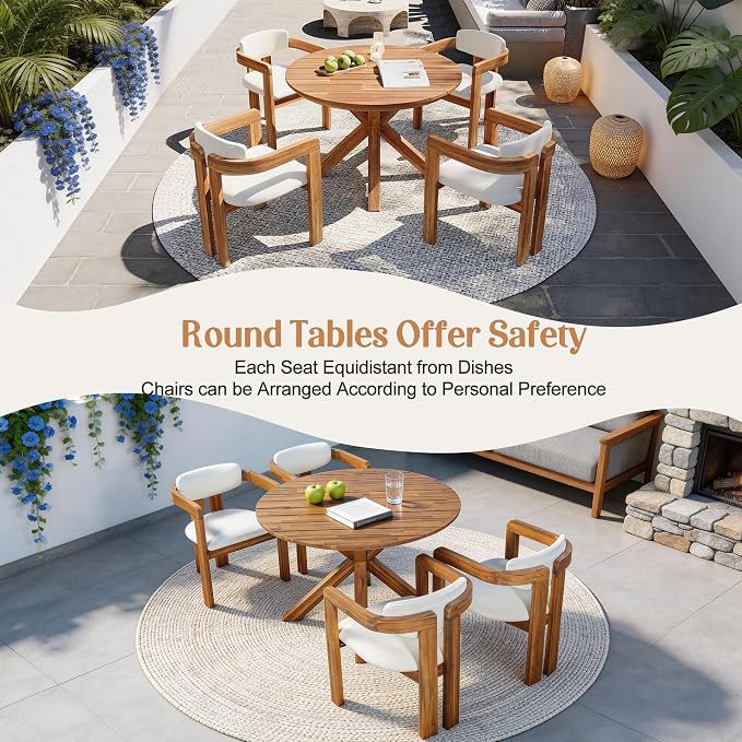 VilroCaz Acacia Wood Outdoor Dining Set for 4, All-Weather Outdoor Round Dining Table and 4 Barrel Chairs & Removable Cushions, 5-Piece Patio Furniture for Backyard Deck Poolside (Beige-ZD)