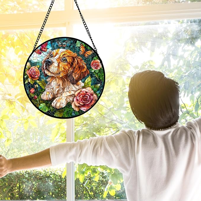 DASTOLL Stained Glass Window Hanging, Dog and Rose Suncatcher for Doors Home Butterfly Sun Catchers Decoration and Christmas, Mother's Day Birthday Gifts for Women, Men, and Mom 6.3 in