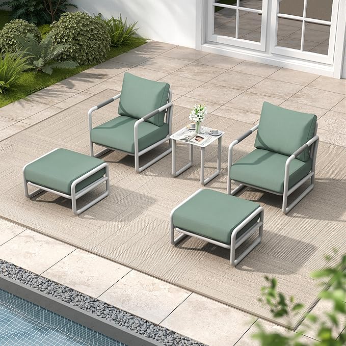 MBY Outdoor Aluminum Patio Furniture Set, 2-Seats Patio Conversation Sofa Set with 2 Ottomans and 6.7" Thickened Cushions, All Weather for Pool, Garden(White)