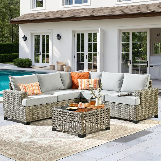 6 Pcs Outdoor Sectional Patio Furniture Set - All Weather Wicker Modular L Shaped Outside Sectional Sofa Couch,Patio Seating Outdoor Conversation Sets for Deck Yard Garden,Grey