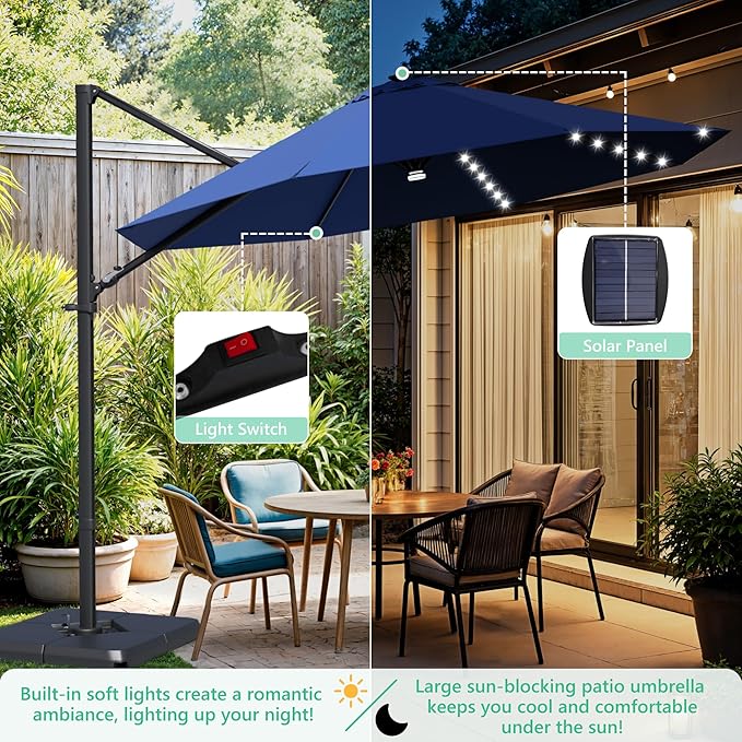 Greesum 10FT Outdoor Patio Umbrella with High Pedel and 4 Gear Heights, Large Offset Umbrella with Solar LED Lights and 360-degree Rotation, Without Base, Hanging Outdoor Shade for Garden, Deep Blue