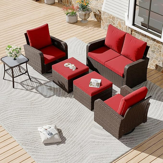 HOMREST 6 Piece Patio Conversation Sets with Loveseat, Rattan Wicker Swivel Chairs with 2 Ottoman, Coffee Table & Cushions, Outdoor Furniture Sets for Garden, Poolside, Backyard (Wine Red)