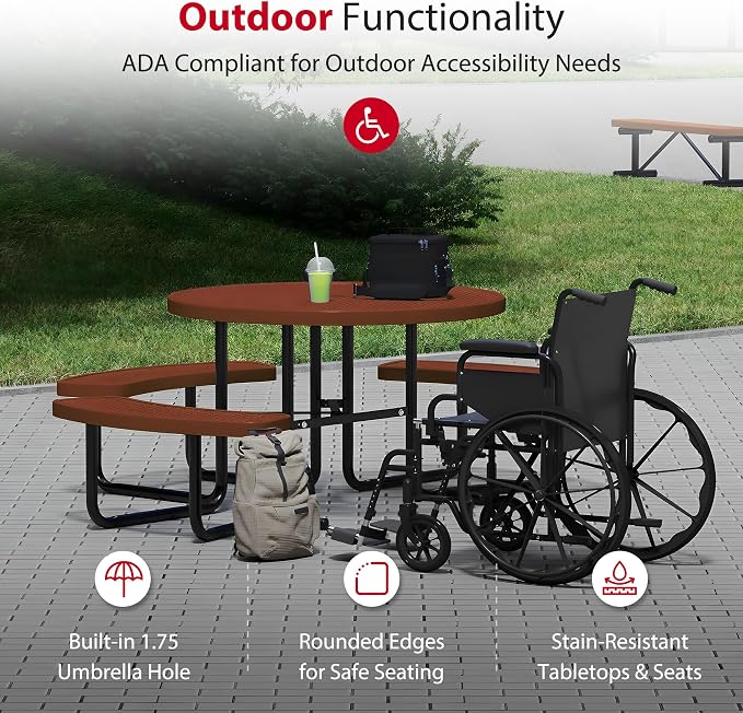 Leisure Craft Metal Picnic Table with Bench - 46" Round Outdoor Dining Table with Umbrella Hole, Heavy Duty Thermoplastic Coating, ADA Compliant, Commercial Grade Furniture Made in USA - Brown
