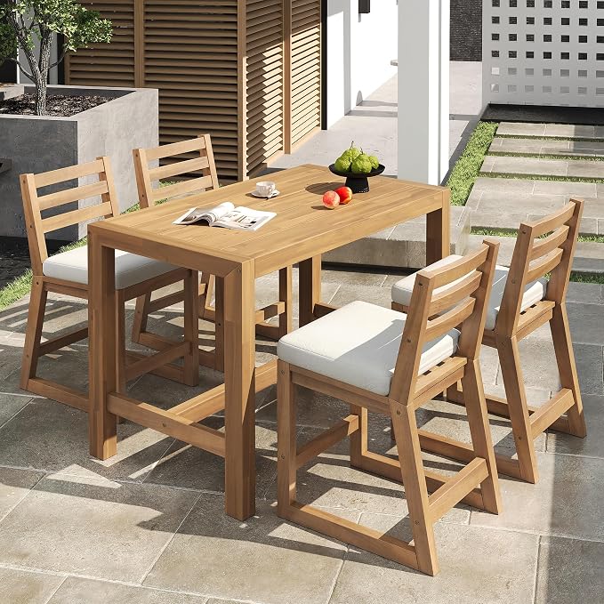 5-Piece Outdoor Patio Counter Height Dining Set, Acacia Wood Bar Table and Ergonomic Chairs with Removable Cushion, All-Weather Bistro Set Conversation Set with Slatted Tabletop (Light Teak-2.10)