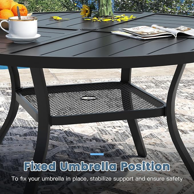 DIFY Patio Dining Set for 6, 7 Piece Outdoor Table and Chairs Set, 47.2" Black Round Metal Patio Dining Table and 6 Blue Textilene Stackable Patio Chairs, for Backyard Garden Poolside