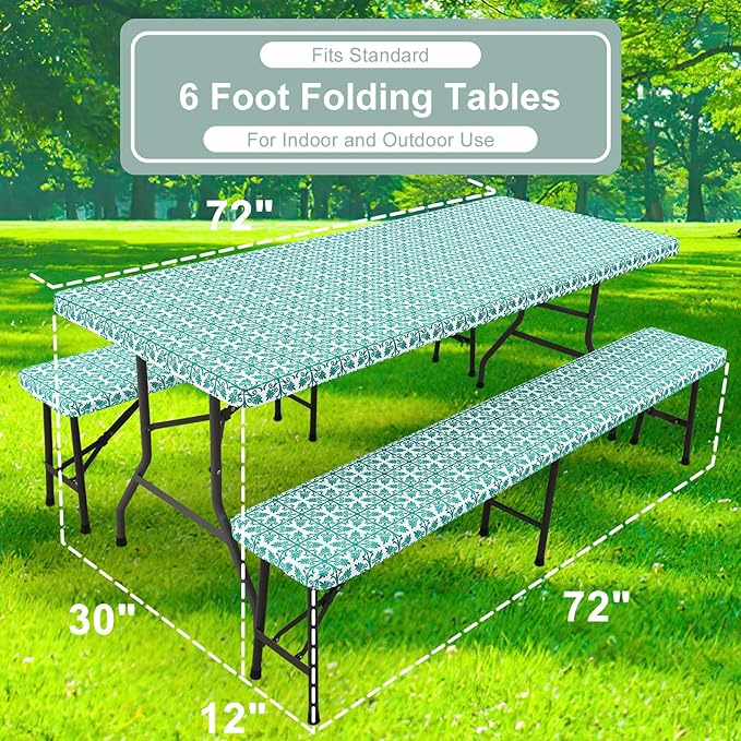 misaya Picnic Table Cover with Bench Cover, Waterproof Elastic Fitted Tablecloth for 6 Foot Tables, Rectangle Washable Polyester Tablecloths for Picnic, Camping, Outdoor (Teal, 30" x 72")