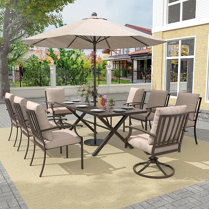 Gotland 9 Piece Outdoor Dining Set, Metal Outdoor Table and Swivel Chairs with X-Shaped Legs 1.5" Umbrella Hole, Patio Furniture Set with Waterproof Cushions, Patio Dining Sets for Backyard Deck Khaki
