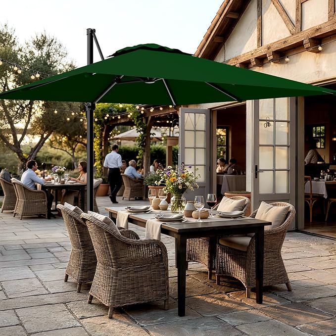 AreShark 9 × 9FT Square Cantilever Patio Umbrella with Base Included, 360° Rotation Offset Outdoor Umbrella, 5 Tilt Settings Heavy Duty Hanging Parasol for Deck Garden Pool, Dark Green