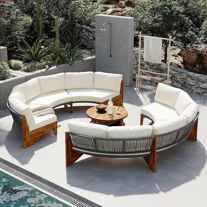 3-Piece Outdoor Patio Furniture Sectional Sofa Set, 2 Semi-Circle Sofas with Coffee Table, All-Weather Acacia Wood Conversation Set with Cushions for Garden Backyard Balcony, Freely Combined