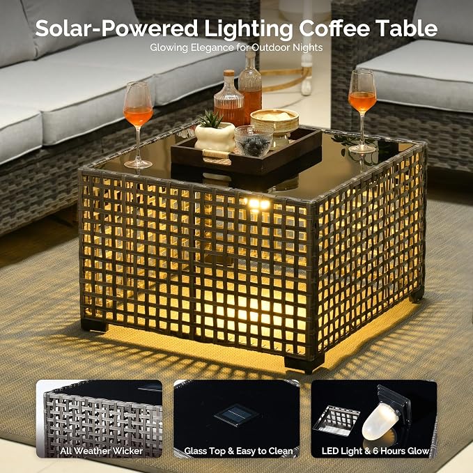 4 Piece Wicker Patio Furniture Set with Solar Table, Gray | Outdoor Deep Seating Sofa Chair, Solar Lights Table, All Weather Rattan, Modern Conversation Set, Porch Deck Backyard