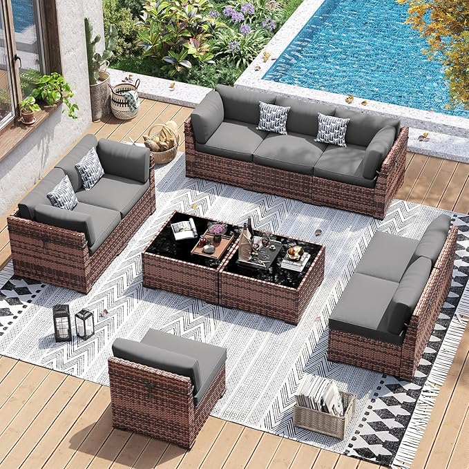 UDPATIO Patio Furniture Set, Modular Outdoor Sectional with 105°Slanted Back, 10 Pieces Rattan Conversation Set for Poolside, Backyard, Deck, with Coffee Table, Waterproof Cover,Grey