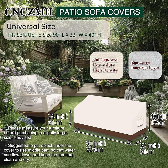 Heavy Duty Patio Sofa Covers Waterproof, Outdoor 3-Seater Couch Cover Waterproof, 600D Outdoor 2-Seater Loveseat Furniture Covers with Air Vent Handle 90''W x 32''D x 24''H/ 40''H Beige Brown