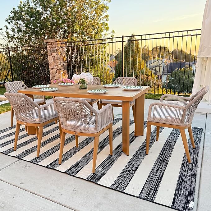 PURPLE LEAF 7 Pieces Patio Dining Set Aluminum Modern Rectangular Table and Rattan Arm Chairs with Cushions for Kitchen Porch Garden Outdoor Furniture Set with Bar Stools, Teak