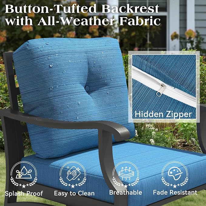 Outdoor Swivel Rocking Chairs, 3 Piece Metal Patio Rocker Chair w/Coffee Table, Aluminum Patio Bistro Furniture Set with 5" Thickened Cushions for Porch, Yard, Balcony, Blue