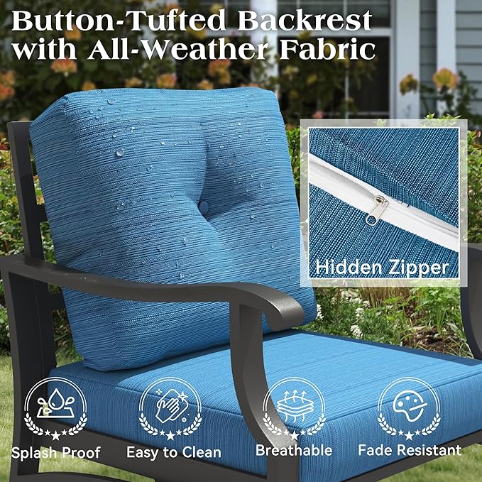 4 Piece Patio Furniture Set, Metal Outdoor Conversation Set w/3-Seat Sofa, 2 Rocking Swivel Chairs, Side Table, Patio Bistro Set w/5" Thickened Cushions for Backyard, Poolside, Blue