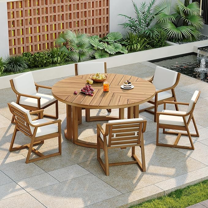 RUNNA Patio Dining Table Set for 6,Round Dining Table with 1.96" Umbrella Hole, Outdoor Wooden Patio Furniture Set with Removable Cushions for Garden,Backyard and Pools (Light Teak#27)