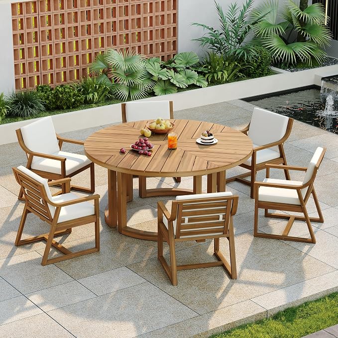 7-Piece Patio Dining Table Set for 6, 59" Round Wooden Table with 1.96" Umbrella Hole, Outdoor Furniture with Removable Beige Cushions, Mocha Finish, for Garden Backyard Poolside (Light Teak1)