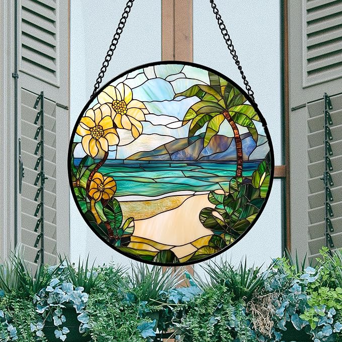 DASTOLL Stained Glass Window Hanging 4 Pcs Set Blue Ocean Coconut Tree Scenery 7.8" - Suncatcher Door Garden Sun Catcher Decor Birthday Christmas for Mom Woman Nana Men