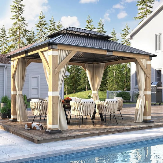 COVERONICS 10FT x 12FT Outdoor Wood Gazebo - Galvanized Steel Hardtop Gazebo with Heavy-Duty Double Roof, Patio Wooden Gazebo for Garden with Netting & Curtains, Poolside, Deck, Backyard