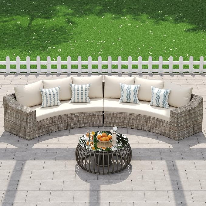 LUXOAK 6-Piece Wicker Patio Furniture Set, Curved Half-Moon Outdoor Sectional Sofa with 6" Wide Armrests, All-Weather Rattan Conversation Set with Thick Cushions, for Backyard/Garden/Deck/Patio