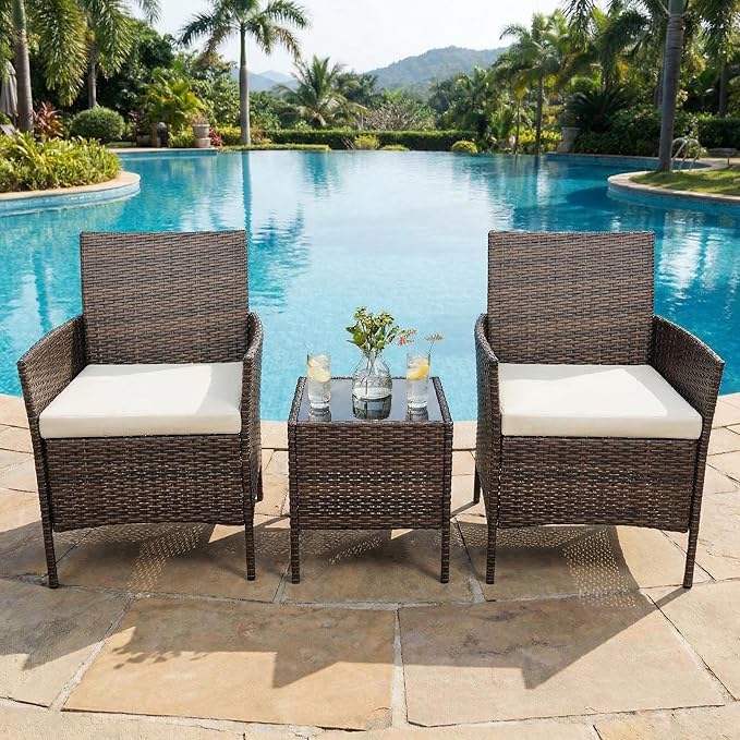 GarveeHome 3-Piece Patio Bistro Set, PE Rattan Outdoor Conversation Furniture with 2 Cushioned Chairs & Coffee Table, Weather-Resistant for Backyard, Balcony, Porch (Beige Cushion)