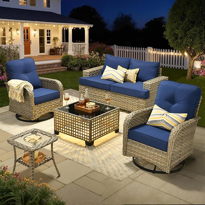 Rattan Patio Furniture Set with Swivel Chairs,6 Pieces Outdoor Sectional with Glowing Coffee Table,Out Door Furniture Conversation Set,Navy Blue