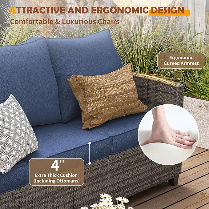 UDPATIO Patio Furniture Set, 6 Pieces Outdoor Sectional Couch with Swivel Rocking Chair, Gray Wicker Rattan Sofa with Side Table, 4" Thick Cushion for Garden Backyard Deck,Blue