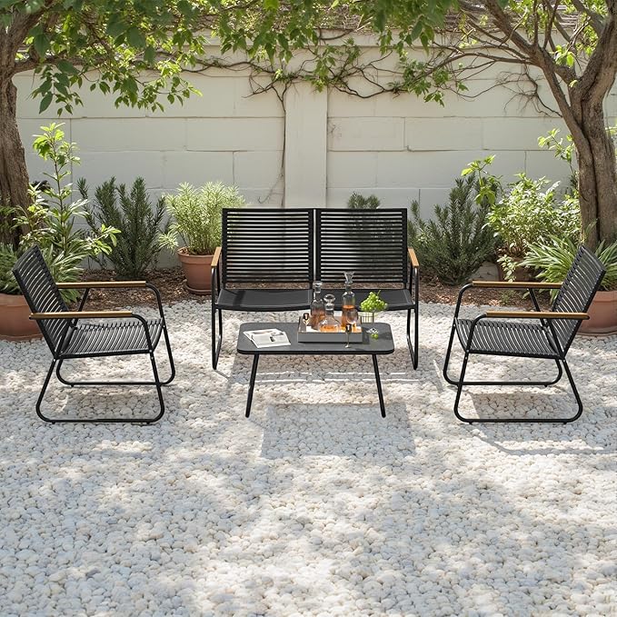 4-Piece Patio Furniture Set, Compact Outdoor Conversation Set with Loveseat, 2 Chairs and Glass Table, Weather-Resistant for Apartment Patio, Small Spaces, Balcony, Backyard – Black