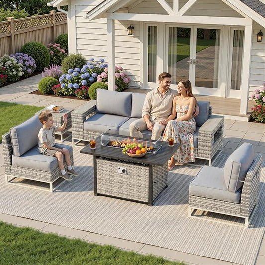 Outdoor Patio Furniture Set 7-Piece PE Rattan Wicker Outdoor Sectional Sofa with 5,000 BTU Fire Pit Table, Modern Modular L-Shaped Conversation Set with Thickened Cushions and Chunky Arms, Slate Grey
