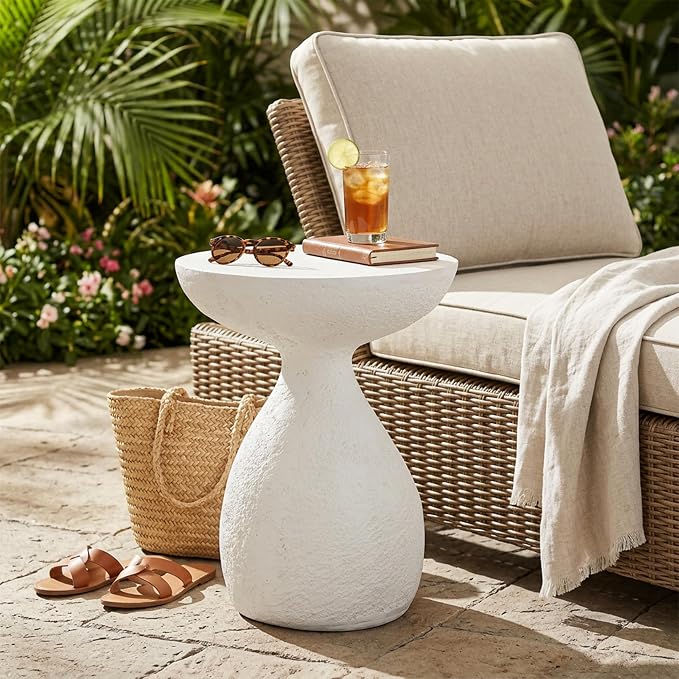 Outdoor Side Table, Modern Organic MGO Accent End Table for Patio, Living Room, White Textured Stone-Look