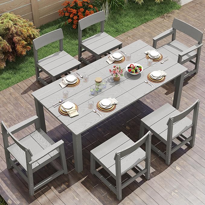 Jocoevol Patio Dining Sets 7 Piece HIPS Outdoor Dining Table Set with Umbrella Hole Table and 6 Chairs Furniture for Backyard Poolside Garden, Grey