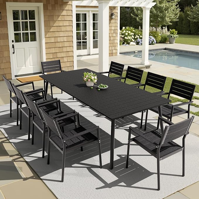 11-Piece Outdoor Dining Set for 10 Person with Black Wood-Grain Top | Armrest Stackable Chairs with 19.4" Seat Depth, Aluminum Frame Dining Furniture with Umbrella Hole for Deck, Porch & Backyard