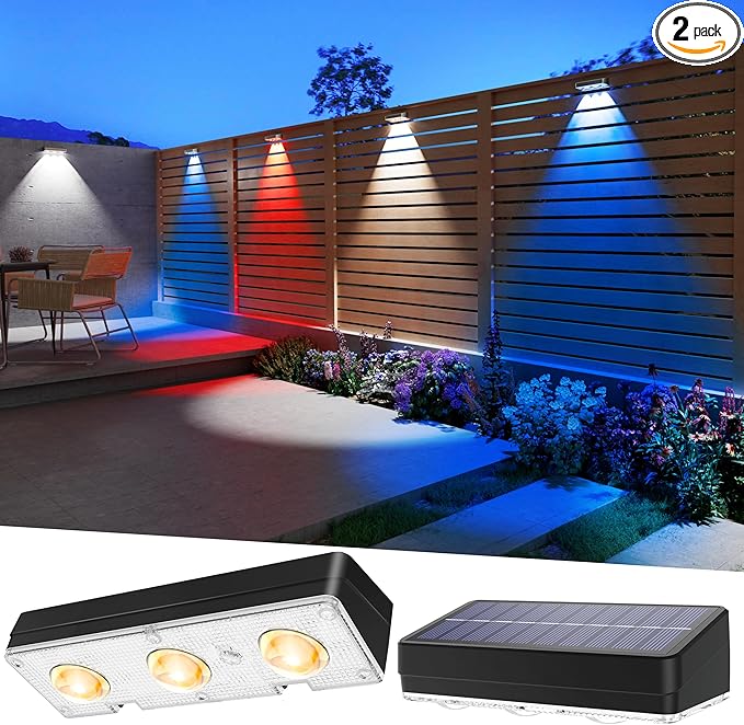 JOFIOS Solar Fence Lights Outdoor Waterproof Led, 2Pack,1300mAh,6 Inch Solar Lights for Fence with Warm White & RGB 8 Colors,Outdoor Solar Lights for Patio, Backyard, Deck, Railing (Black)
