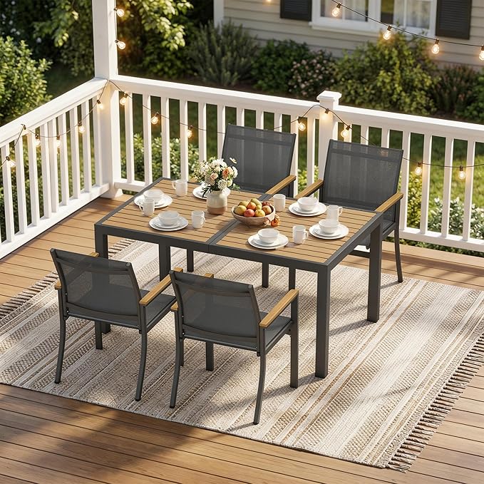 5-Pieces Aluminum Patio Table and Chairs Set, Outdoor Patio Furniture Set with Heavy Duty HDPS Rectangular Table, All-Weather Outdoor Dining Set with Breathable Quick-Drying Textilene Chairs