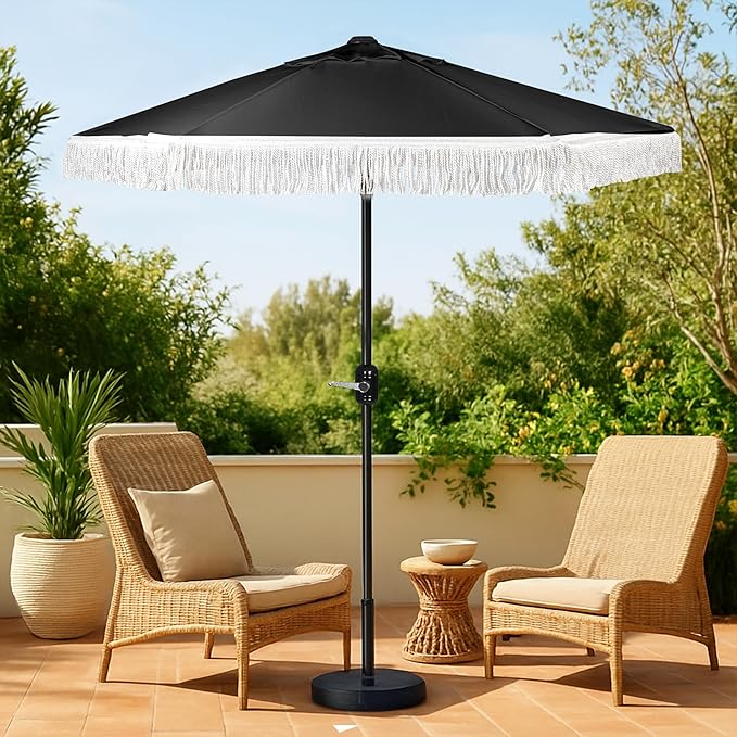 6 Ft Fringe Patio Umbrella - Outdoor Umbrella for Patio, Pool, Table, Garden, & Deck, Push Button Tilt Pole - Fashionable Vintage Tassels - White