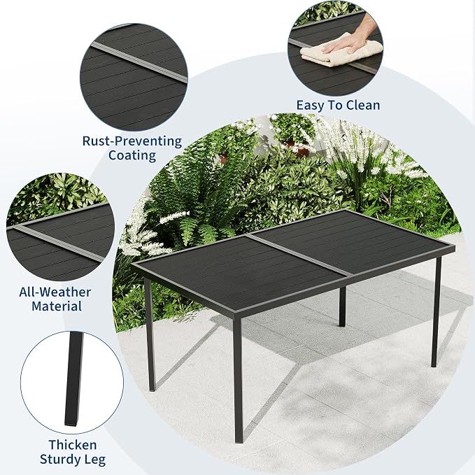Garvee 7 Piece Patio Dining Set, Outdoor Furniture with 55" Rectangular Iron Table & 6 Textilene Chairs, All Weather Wood-Grain Finish, Suitable for Backyard, Garden, Poolside