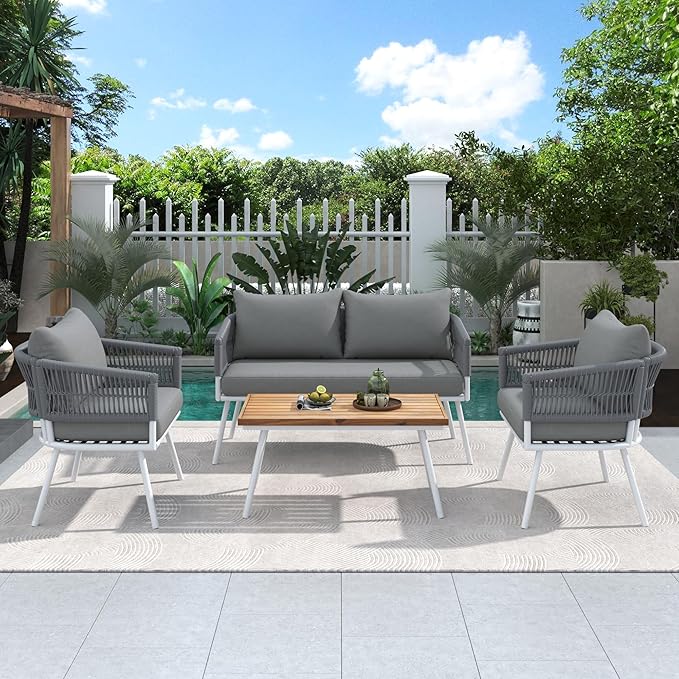 4-Piece Boho Rope Patio Furniture Set, Outdoor Furniture with Acacia Wood Table, Patio Conversation Set with Deep Seating & Thick Cushion for Backyard Porch Balcony, Grey