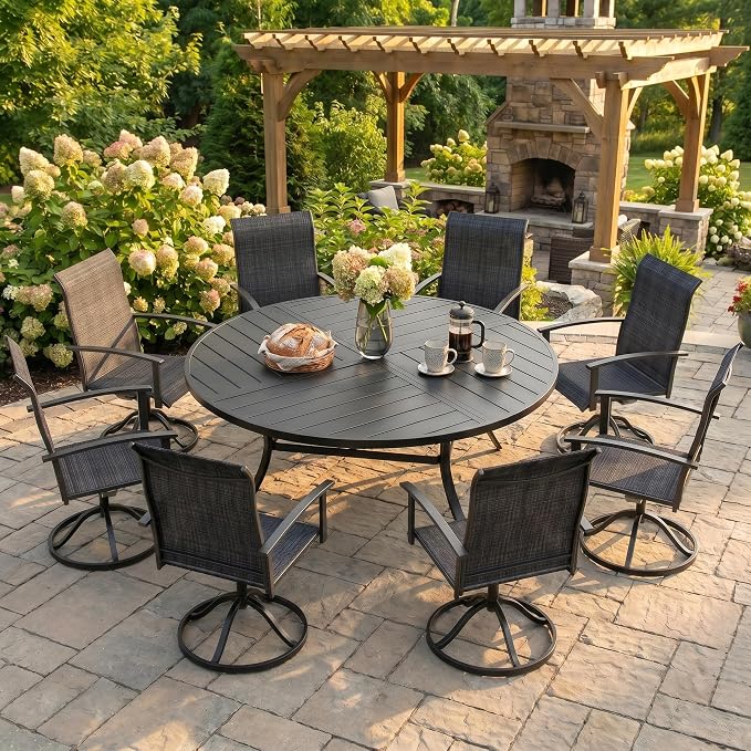VICLLAX Outdoor Table and Chairs Set of 8, Metal Patio Dining Set-63 Round Dining Table and 8 Swivel Chairs for Deck, Lawn and Garden, Black Table and Chairs