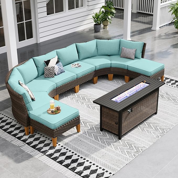 Sophia & William Patio Furniture Set with Fire Pit Table, 11 Piece Half Moon Outdoor Wicker Sectional Sofa Set, Rattan Conversation Set with 56-Inch Fire Pit Table & Ottoman (Aqua Blue)