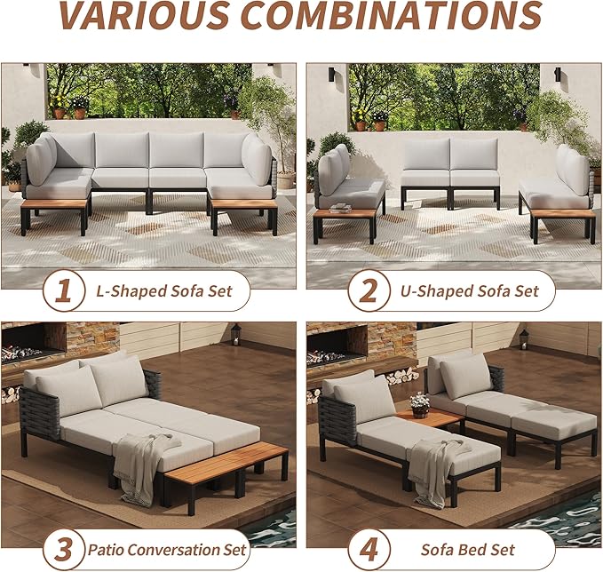 PIZZELLO 8 Pieces Outdoor Patio Furniture Sets, Outdoor Conversation Sets Sectional Sofa with 6" Thick Cushions and 2 Coffee Tables, Convertible Modular Patio Sofa for Backyard, Garden, Deck
