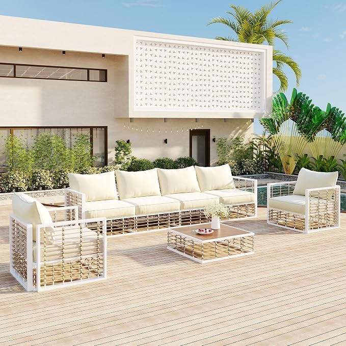 Modern Minimalist 7-Piece Metal Patio Sectional Sofa Set, All-Weather Garden Conversational Furniture Set with Thick Cushions and Coffee Table for Indoor Outdoor (White#26)
