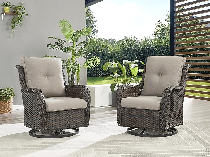 Rilyson Wicker Rocking Chair Swivel Chairs - 2 Piece Rocker Patio Chairs Set Rattan Rocking Chair for Outdoor Porch Deck Garden Backyard (Brown/Grey)
