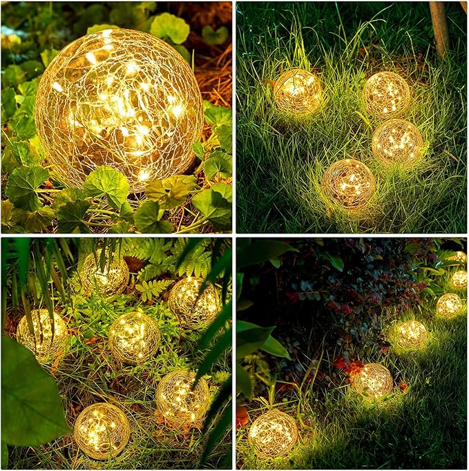 Honoson 3.9 Inch Solar Globe Lights Outdoor - Waterproof Cracked Glass Balls for Lawn Patio Yard Backyard Decorations, Warm White Solar LED Lights with Easy Installation,Durable Design (12 Pcs)