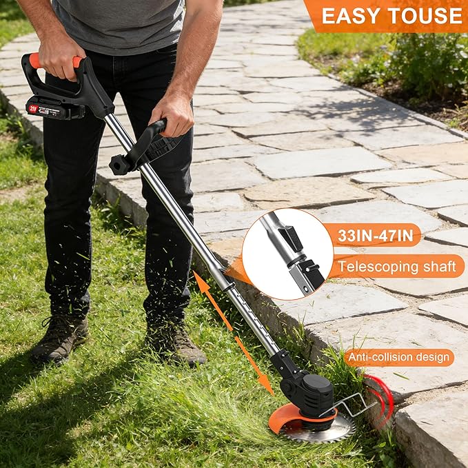 21V Cordless Weed Wacker for Thick Weeds, Lawn & Yard, 3-in-1 String Trimmer/Edger/Brush Cutter with 2 Batteries, 4 Blades & Wheels, 90° Pivot Head, Adjustable Height, Lightweight Easy for Homeowners