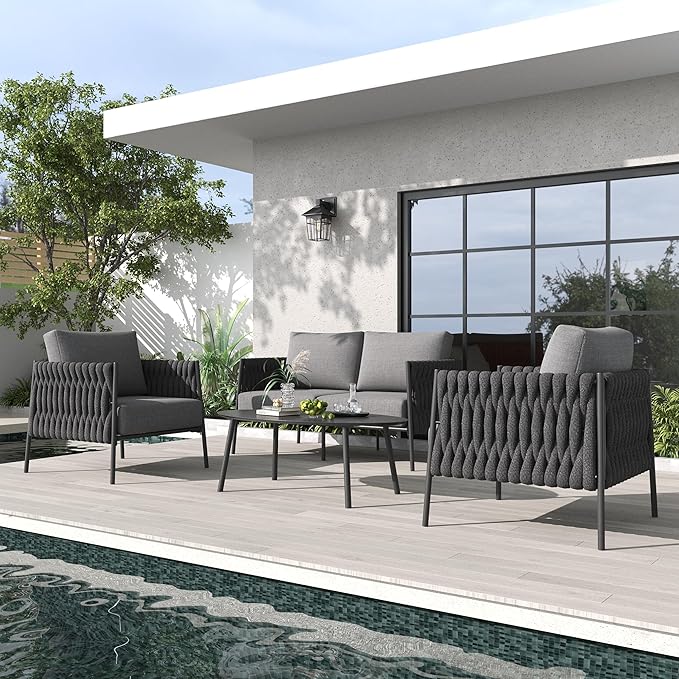 LayinSun 4 Piece Outdoor Furniture Set with Coffee Table, Modern Rope Woven Patio Conversation Sofa Set with Olefin Braid and Deep Seating