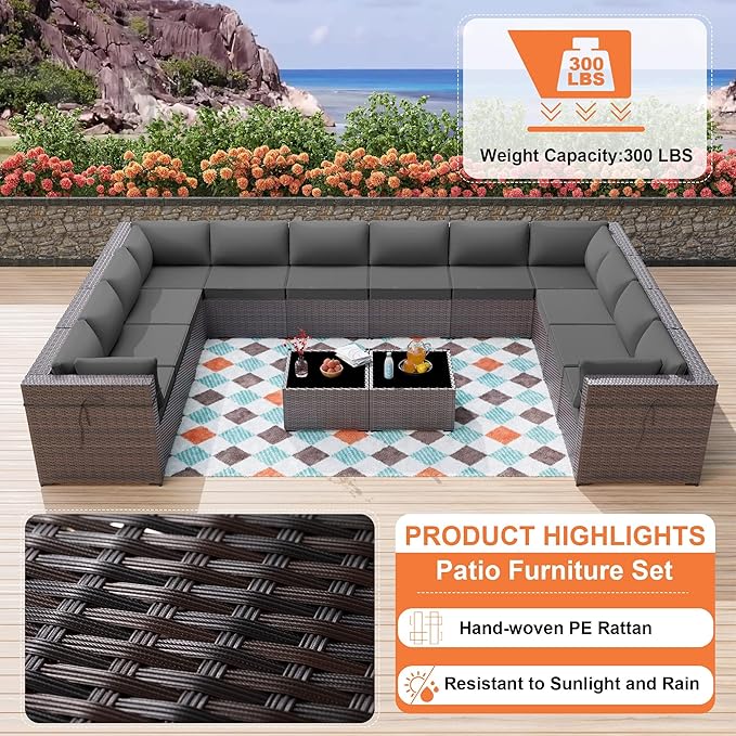 ALAULM 14 Pieces Patio Furniture Set Wicker Patio Conversation Set, Outdoor Sectional Furniture w/Coffee Table & Washable Seat Cushions-Grey