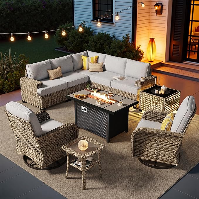 HOOOWOOO Sectional Patio Furniture Set with Fire Pit Table,10 Pieces Wicker Outdoor Furniture L Shaped Couch,Outside Conversation Set Extra Deep Seat Sofa Wide Arm Swivel Chairs Solar Table,Gray